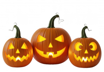 Glowing jack o lanterns on black halloween pumpkins isolated on a transparent background