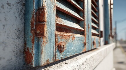Rustic blue shutter hinges on weathered building exterior