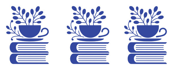 Three blue icons of a teacup with plants on books
