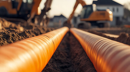 Orange pipes laid in a trench with heavy machinery in the background. Focused on the infrastructure installation, shows construction progress and utility setup.