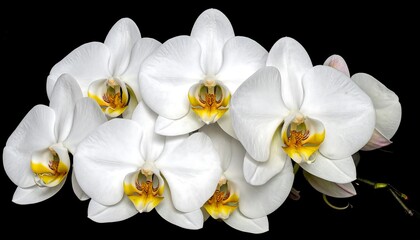 Close-up of a cluster of pristine white orchids with vibrant yellow and orange centers against a solid black background © lisa