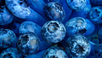 Close-up of a cluster of fresh, ripe, blueberries, showing detailed texture and color variations against a contrasting background