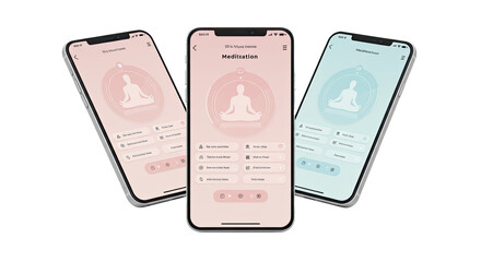 Meditation app interface on smartphones with pastel colors, wellness and mindfulness concept, perfect for health and lifestyle projects