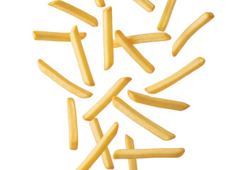 Golden potato sticks falling fries fried isolated on a transparent background