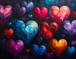 Colorful, textured heart shapes floating on a dark abstract background