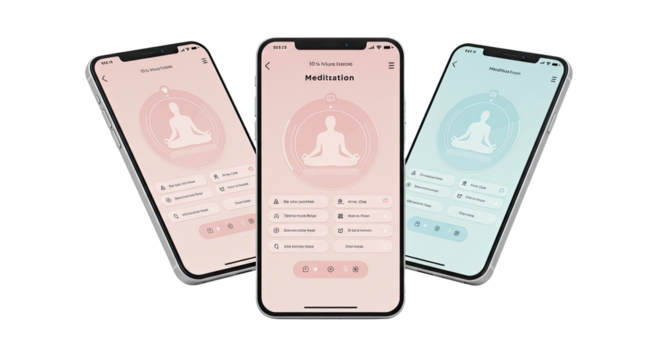 Meditation app interface on smartphones with pastel colors, wellness and mindfulness concept, perfect for health and lifestyle projects - Powered by Adobe