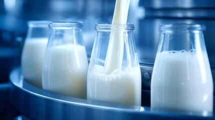 A dynamic milk production line processes fresh milk, with bottles expertly filled and conveyed along a stainless steel conveyor system, ensuring quality and efficiency in every step