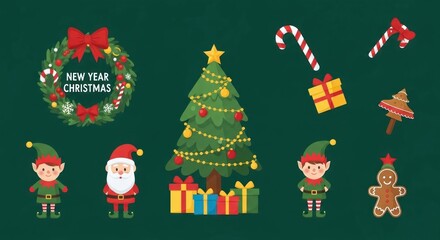 Festive holiday icons wreath, tree, Santa, elves, gifts, candy canes, gingerbread