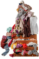 Pile of clothes on and around the closet in a home interior. Cluttered dwelling