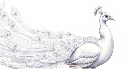 Elegant white peacock with iridescent blue eye spots on flowing tail feathers