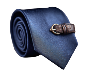 Rolled blue necktie with a decorative leather-and-brass belt clip