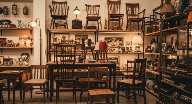 Eclectic collection of vintage wooden chairs, tables and shelves inside a store