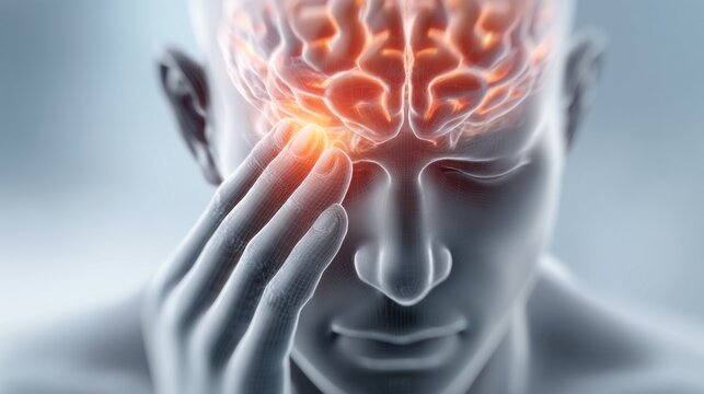 A man holds his head with one hand, showing signs of extreme discomfort from a migraine. The soft lighting around him highlights his expressions of suffering, reflecting a quiet moment of pain - Powered by Adobe