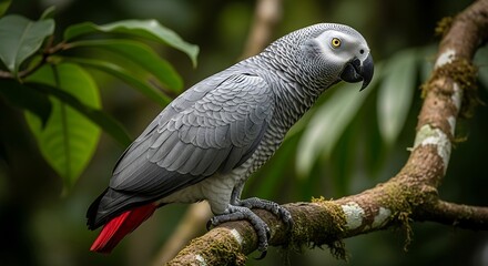 Obraz premium Grey Parrot on Tropical Branch.