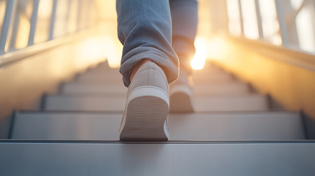 Ascending steps, illuminated by sunlight. Close-up on footwear. Jeans-clad legs moving upward, symbolizing progress and achievement. Stairs lead to a brighter future.