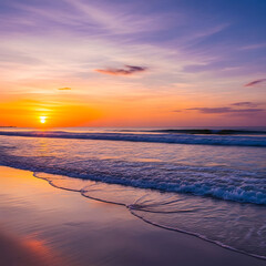Vibrant Orange and Purple Sunset over a Tranquil Ocean Beach