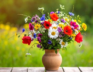 Colorful assortment of wildflowers in a rustic vase, set outdoors