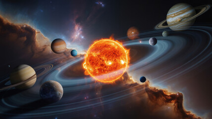 Fototapeta premium The sun and planets of our solar system in orbit satellite