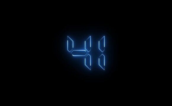 A glowing blue neon sign displaying the number forty four on a black background in a digital style
