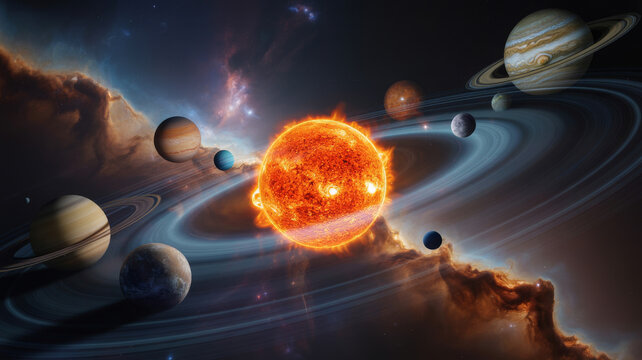 The sun and planets of our solar system in orbit satellite - Powered by Adobe