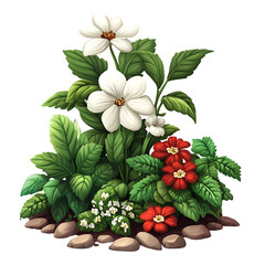 Obraz premium Vibrant floral arrangement featuring white and red flowers with green foliage on transparent background