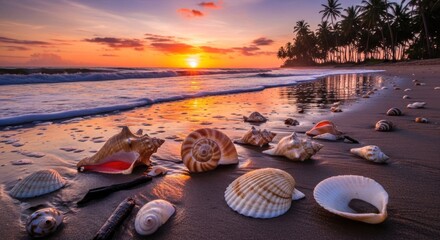 Seashells on a sandy beach at sunset with palm trees and ocean waves