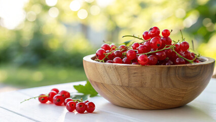 Currant in wooden bowl on tiled surface in natural warm sunlight background