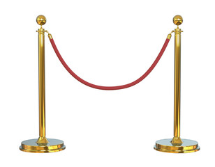 Luxurious Gold Stanchions or velvet rope stanchion. Golden stanchion and red velvet rope barrier for a VIP event isolated