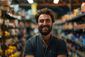 Fototapeta premium Smiling young man in a store aisle