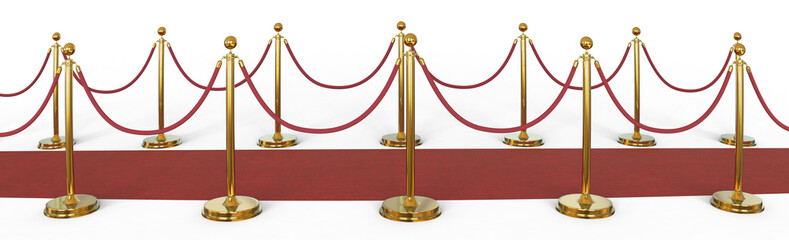 Luxurious Gold Stanchions or velvet rope stanchion. Golden stanchion and red velvet rope barrier for a VIP event isolated