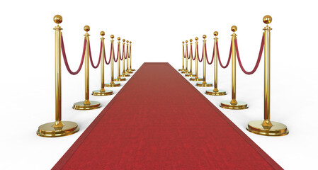 Luxurious Gold Stanchions or velvet rope stanchion. Golden stanchion and red velvet rope barrier for a VIP event isolated