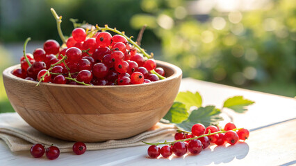 Red Currants in bowl on white surface in natural warm sunlight background