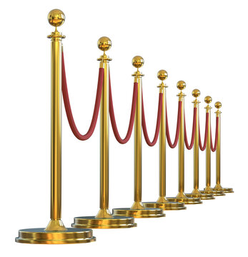 Luxurious Gold Stanchions or velvet rope stanchion. Golden stanchion and red velvet rope barrier for a VIP event isolated
