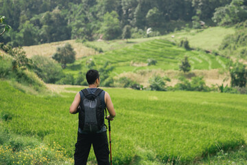 Man Standing Alone in Green Rice Field Surrounded by Lush Hills and Vegetation, Enjoying Nature's...