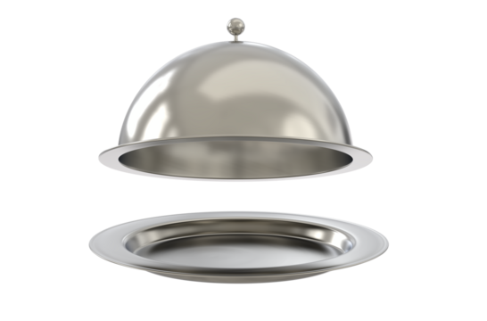 Silver opened cloche or  Silver tray with open cloche. Empty restaurant cloche with open lid. Png transparency