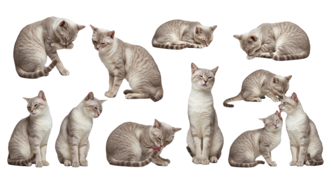 Multiple poses of a cream-colored domestic cat isolated on white background, showing different playful and resting actions, perfect for pet or animal themed projects