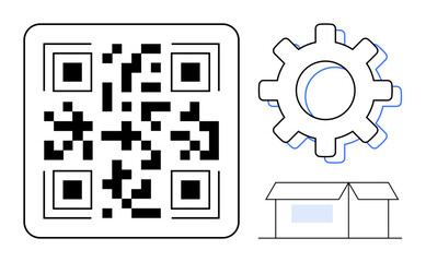 QR code, large gear, and open box design symbolizing technology, logistics, industrial process. Ideal for barcode scanning, automation, shipping, packaging supply chain digital processing simple