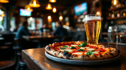 Fresh Neapolitan pizza with beer in cozy café, highlighting warm, inviting atmosphere. 