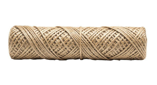 Natural beige jute twine spool isolated on white background, perfect for crafts and packaging