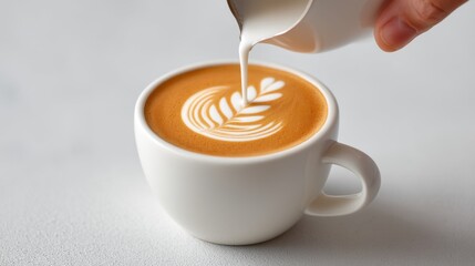 Beautiful latte art in a white cup with precise milk pouring creating a leaf design on a cozy minimalistic background