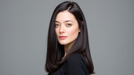 Fototapeta premium Beautiful young woman with long dark hair posing gracefully against a neutral background, showcasing natural beauty and confidence in studio setting.
