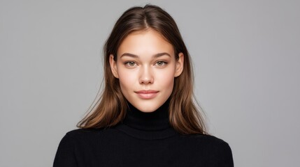 Obraz premium Young woman with long hair wearing black turtleneck smiling softly against light gray background for beauty, fashion, and portrait photography