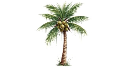 Obraz premium Lush palm tree with abundant coconuts and a textured trunk, set against a white background