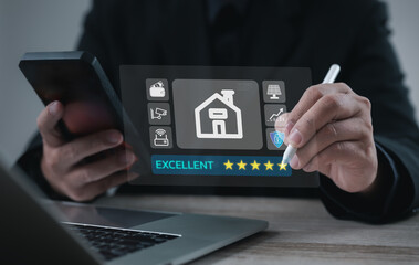 Technologist using stylus to rate smart home system on digital interface with excellent five-star review, representing innovation, automation, IoT control, modern lifestyle, and technology satisfactio