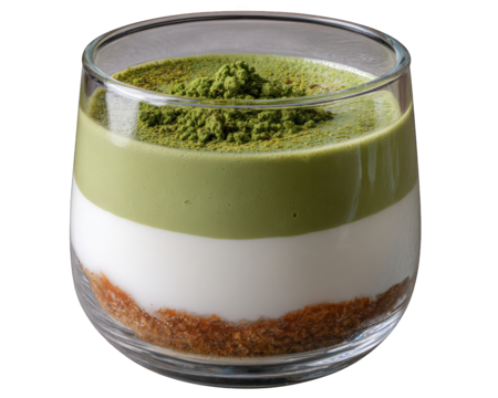 Delicious matcha green tea pudding, layered dessert in glass. This sweet and creamy Asian food offers refreshing, delightful flavor with crumbly biscuit base