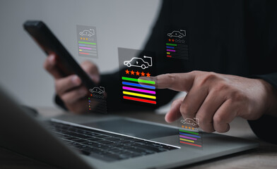 Reviewer using stylus to rate electric vehicle performance via digital interface, representing smart car evaluation, technology innovation, eco transportation, and data-driven automotive analysis.
