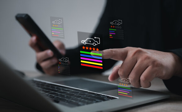 Reviewer using stylus to rate electric vehicle performance via digital interface, representing smart car evaluation, technology innovation, eco transportation, and data-driven automotive analysis.