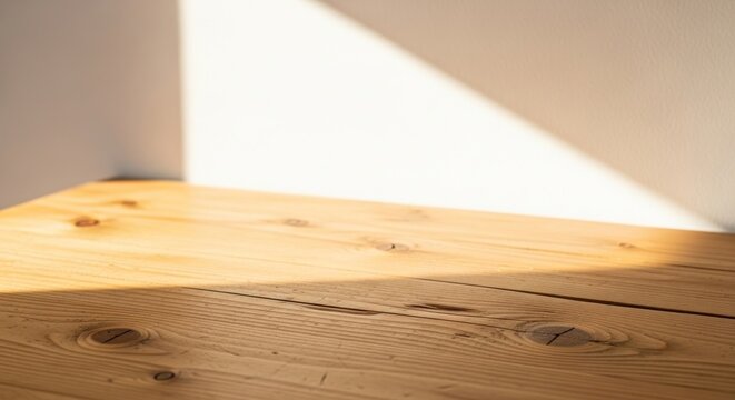Warm sunlight streams across a rustic wooden surface, casting diagonal shadows - Powered by Adobe