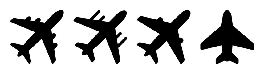 Obraz premium Four diverse silhouettes of commercial airplanes in motion diverse aircraft wing shapes flying transportation icons collection