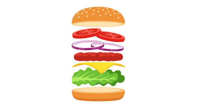Exploded burger illustration showcasing each individual ingredient in a visually appealing manner